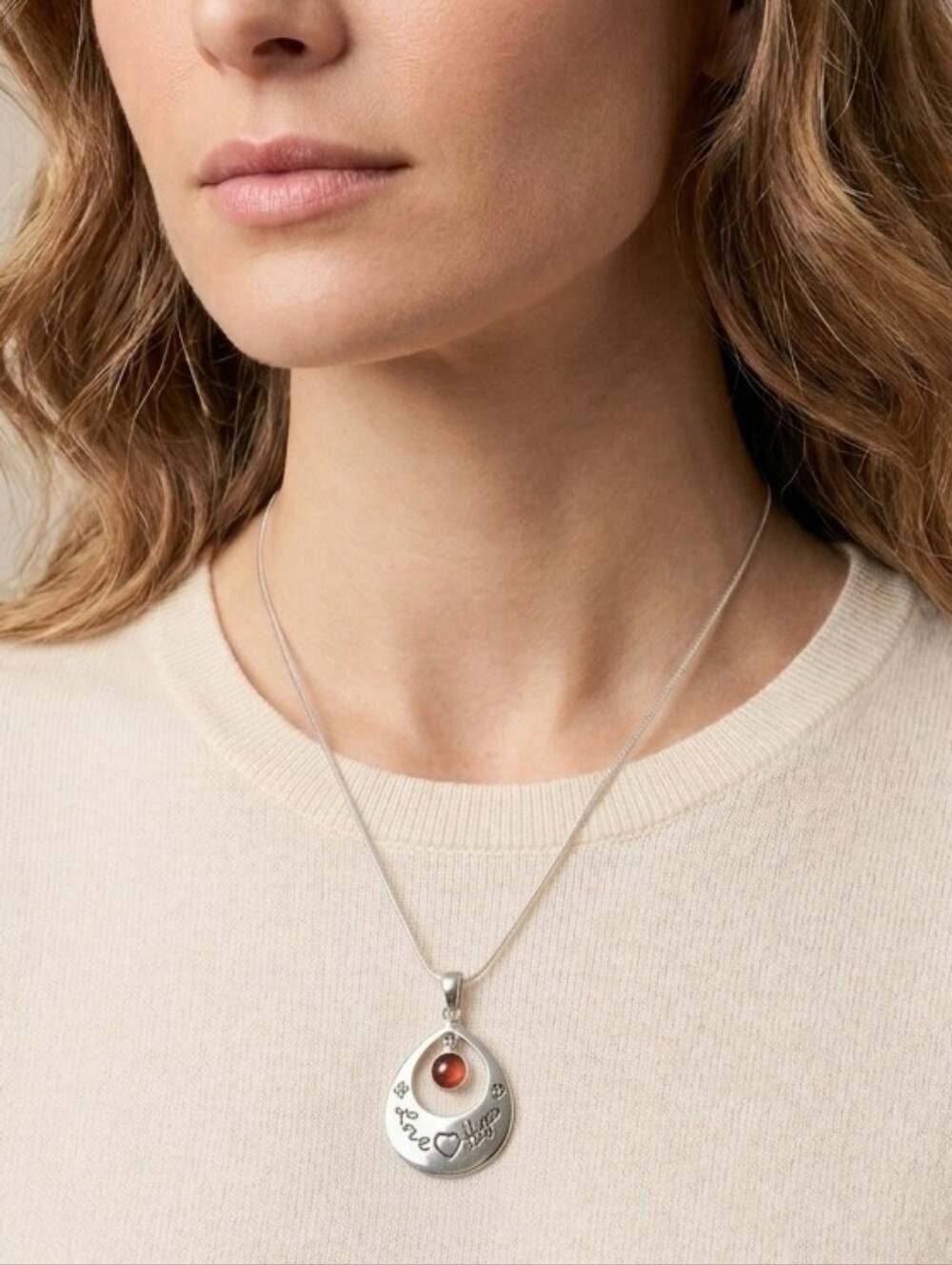 Handcrafted Love Hope Pendant Necklace with Orange Resin And Silver Tone Charm